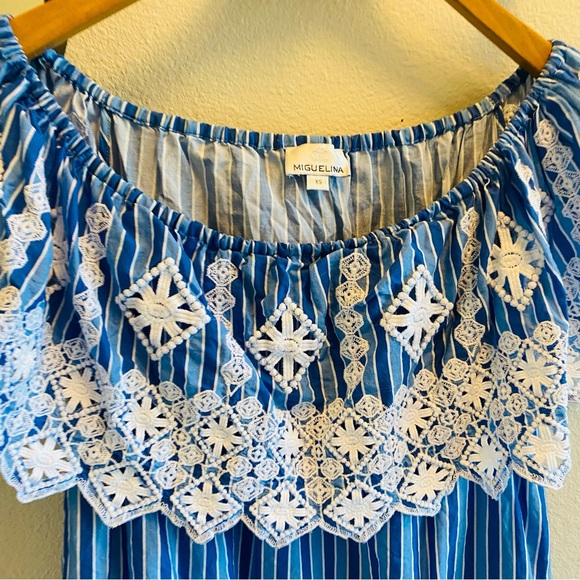 Miguelina Crochet Embroidered Blue Off Shoulder Mini Dress Sz XS Off Shoulder - Picture 4 of 8